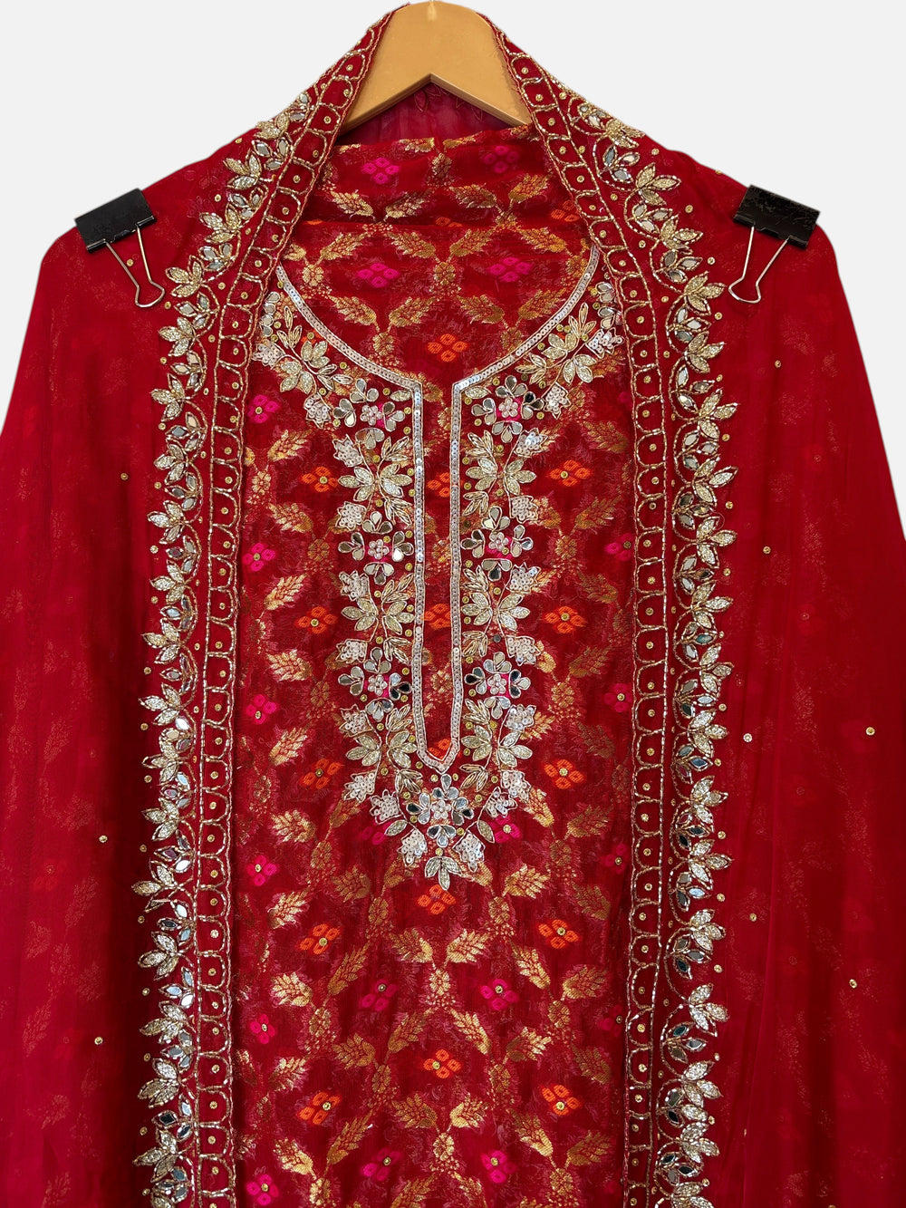 Design by Pakiza red khadi georgette Banarasi shirt with intricate dabka, sequin, mirror, and bead handwork embroidery.