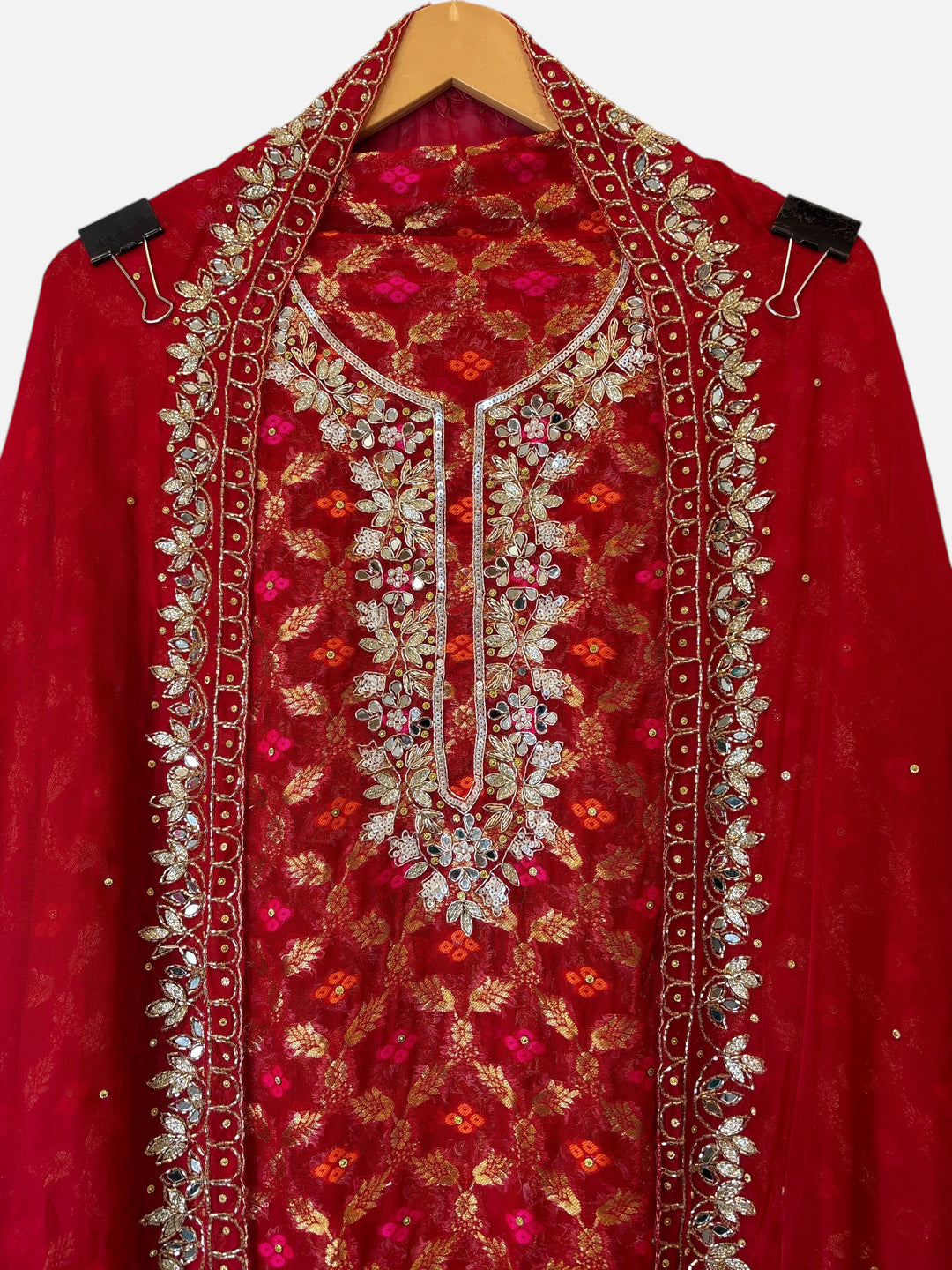 Design by Pakiza red khadi georgette Banarasi shirt with intricate dabka, sequin, mirror, and bead handwork embroidery.