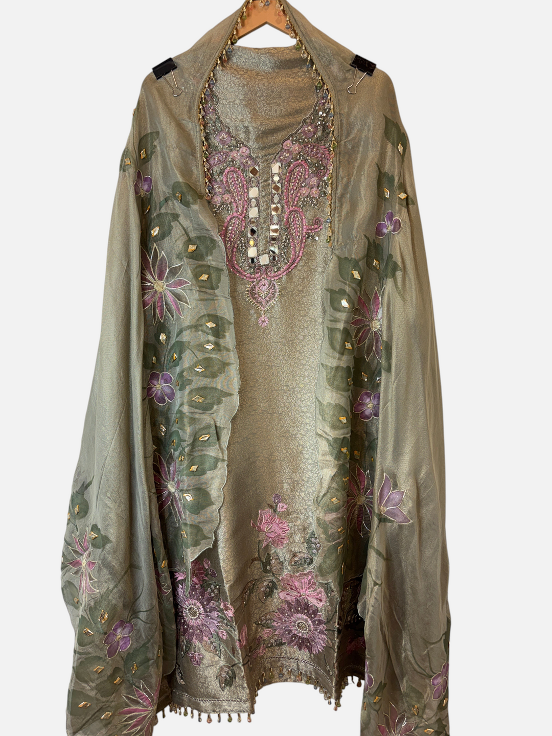 Design by Pakiza green tissue brocade 3-piece ensemble with hand-painted dupatta, mirror work, and beaded embroidery.