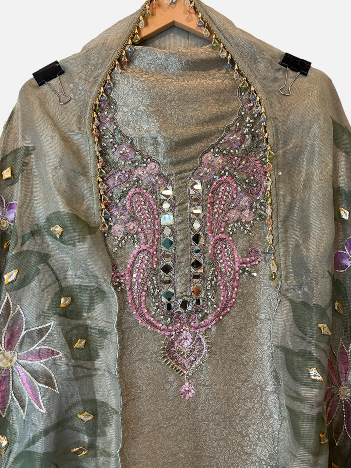 Design by Pakiza green tissue brocade shirt with intricate mirror, pearl, and bead embroidery and hand-painted dupatta