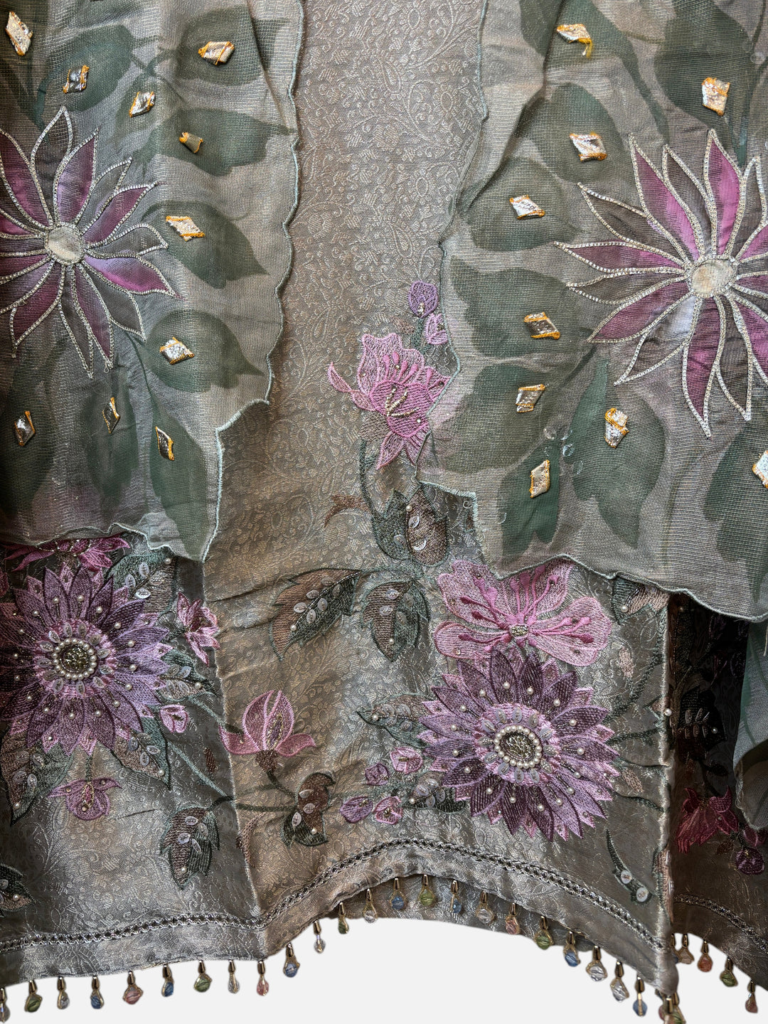 Design by Pakiza green tissue brocade ensemble with floral embroidery, beads, pearls, and hand-painted dupatta details