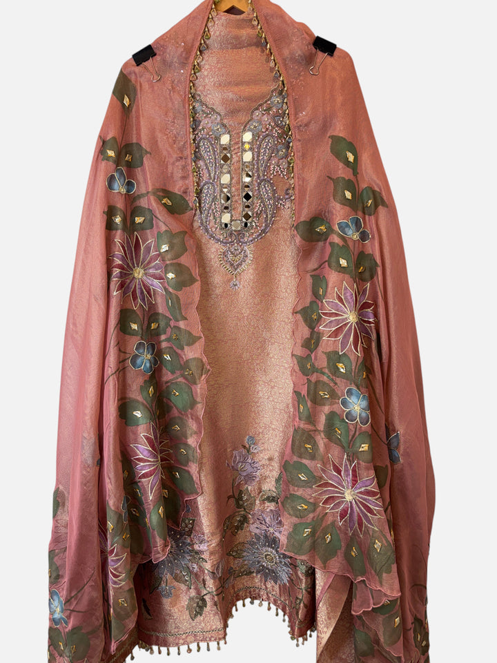 Aariz – Peach Tissue Brocade Hand-Painted Ensemble