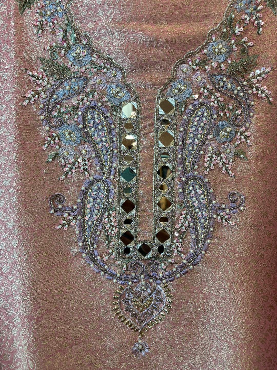 Aariz – Peach Tissue Brocade Hand-Painted Ensemble
