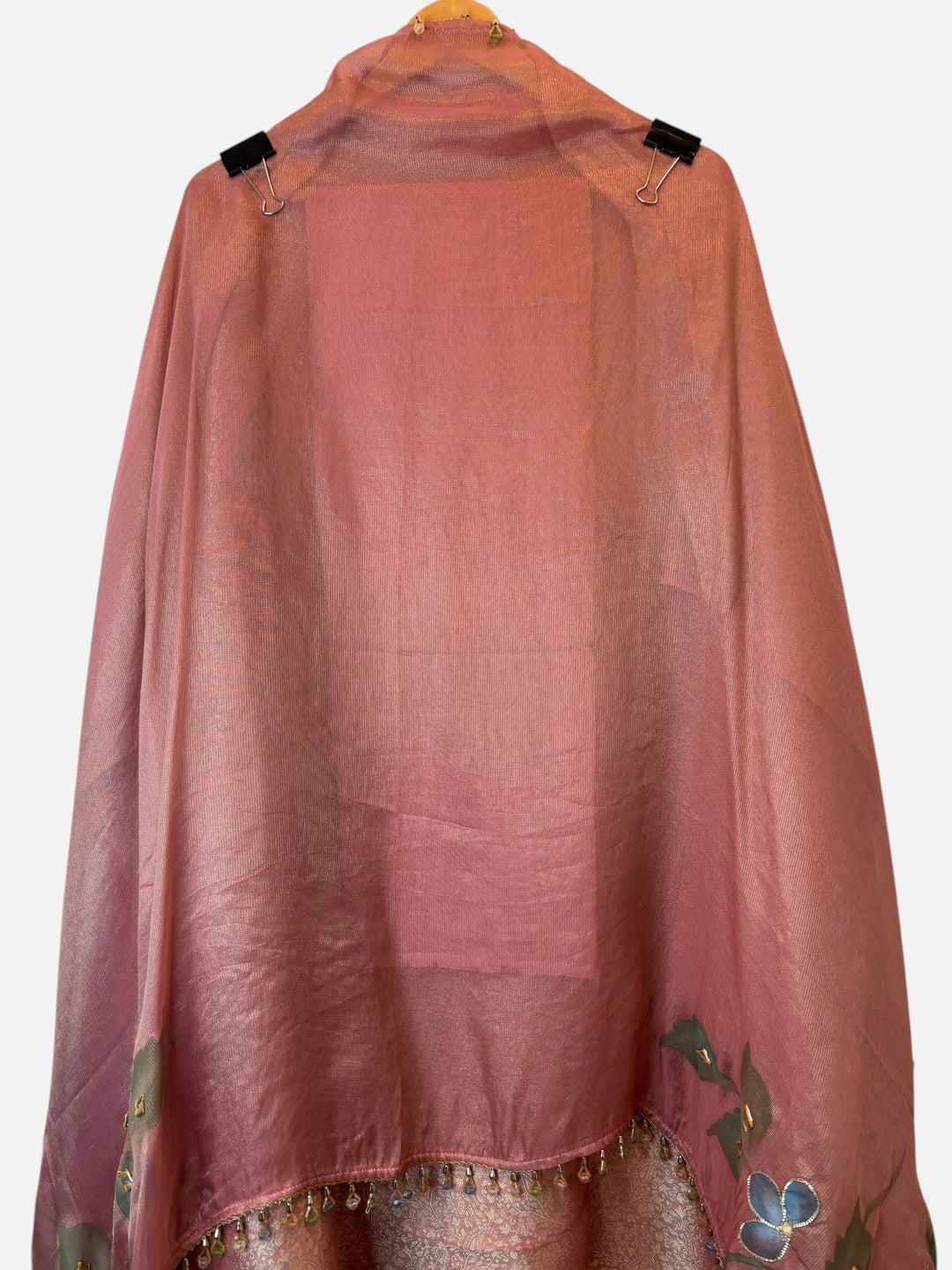 Design by Pakiza peach Burberry tissue dupatta with hand-painted floral motifs and elegant gota highlights