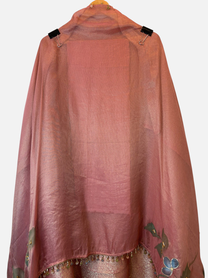 Design by Pakiza peach Burberry tissue dupatta with hand-painted floral motifs and elegant gota highlights