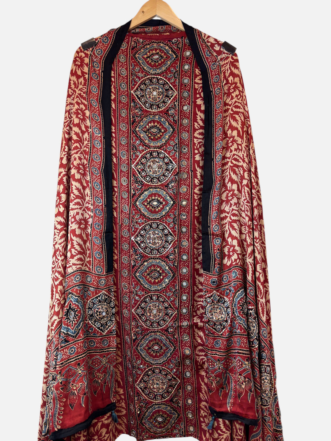 Design by Pakiza Zehra unstitched modal silk shirt featuring intricate red and black Ajrakh floral block print