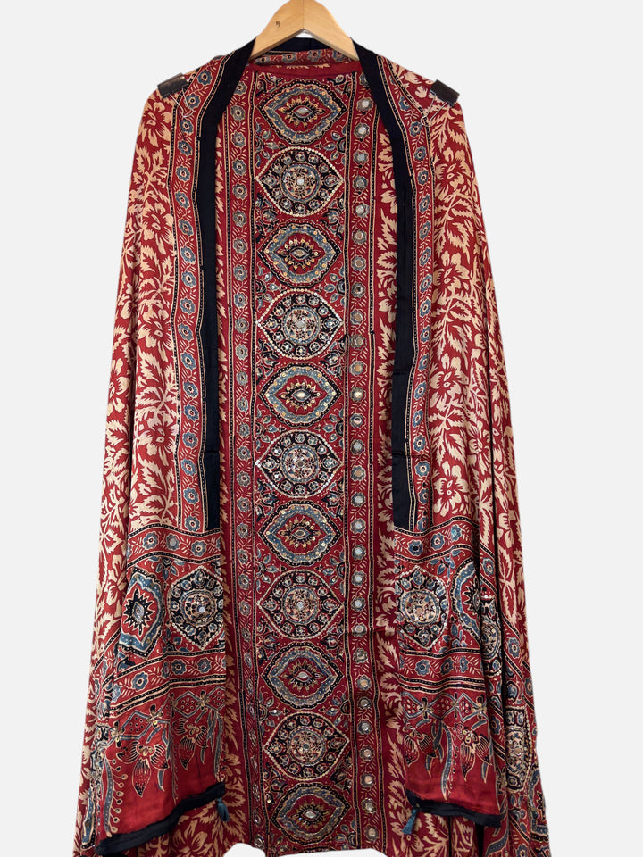 Design by Pakiza Zehra unstitched modal silk shirt featuring intricate red and black Ajrakh floral block print