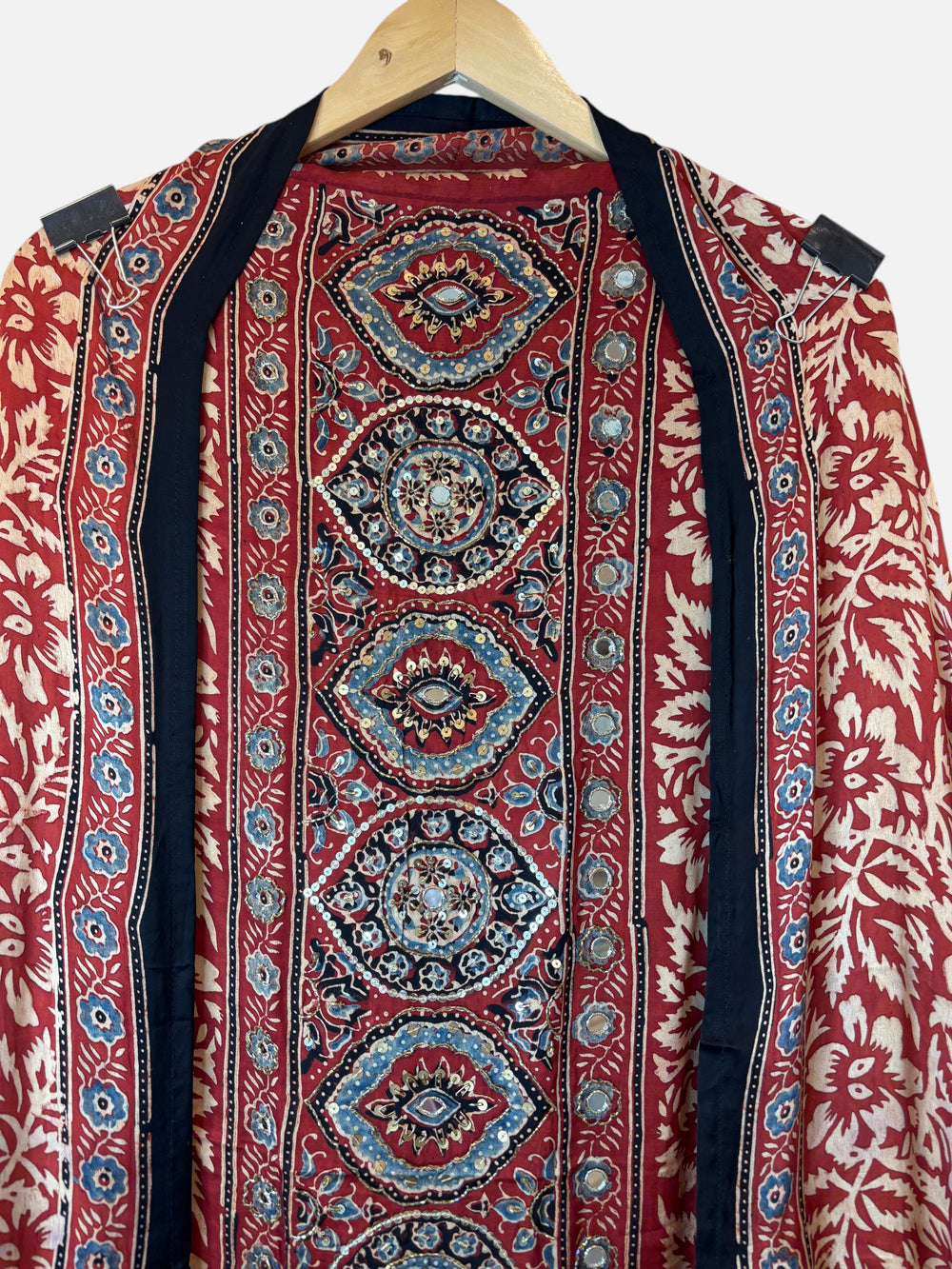 Design by Pakiza Zehra unstitched shirt in red modal silk with intricate Ajrakh floral print and cutdana embellishment