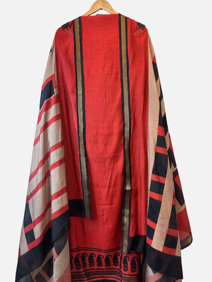Design by Pakiza red Maheshwari unstitched suit set with black and beige geometric print and gold border detailing