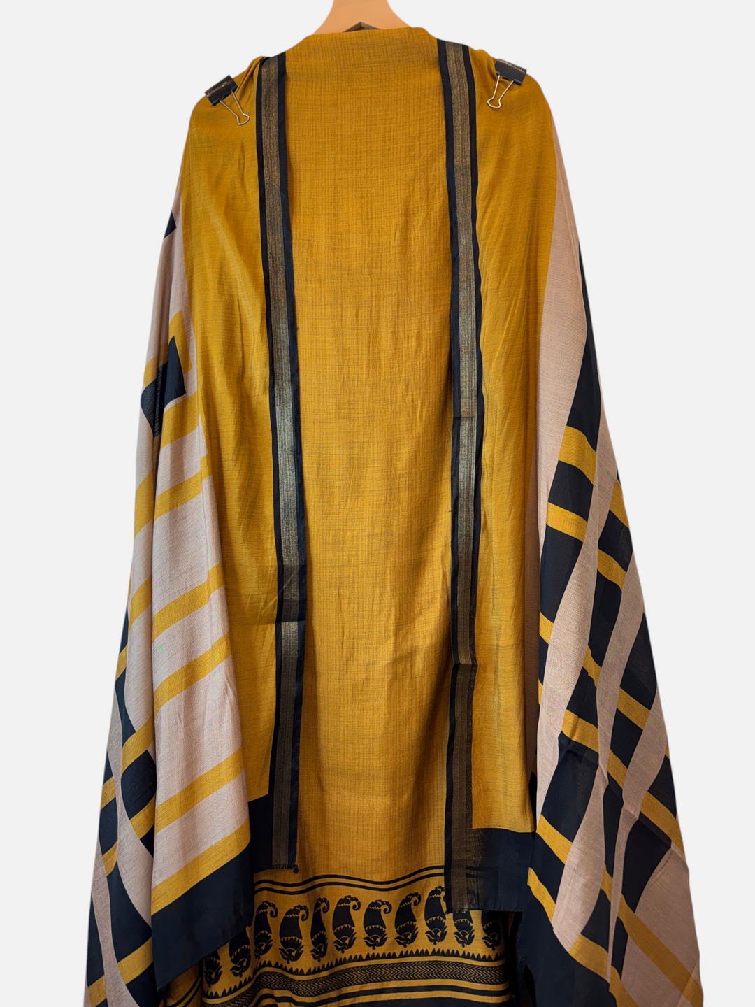 Design by Pakiza mustard yellow Maheshwari unstitched suit set with black and cream geometric print and zari border