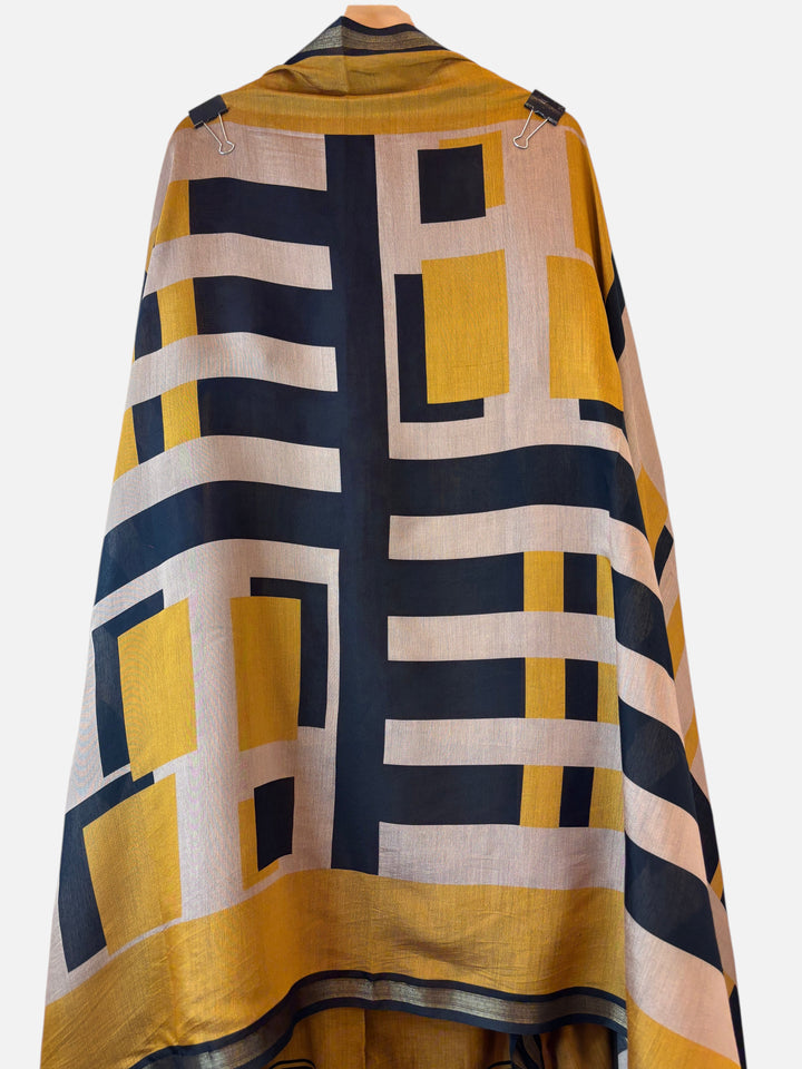Design by Pakiza Maheshwari fabric dupatta featuring a bold mustard yellow and black geometric block print pattern