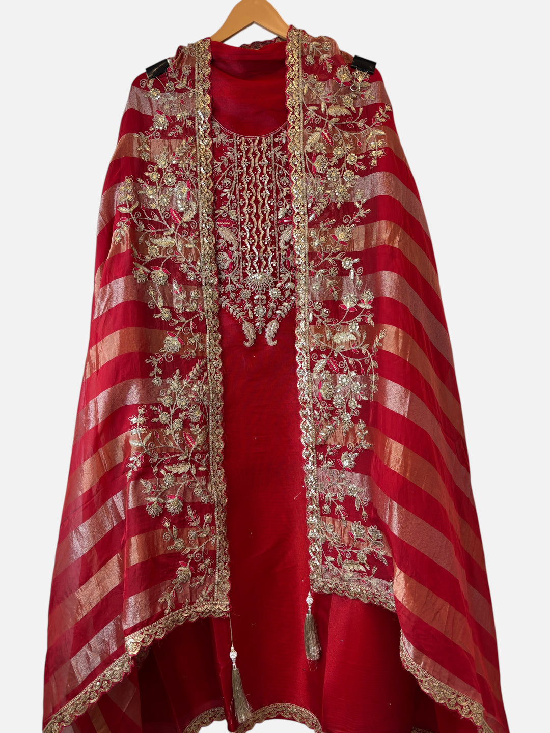 Design by Pakiza red organza silk 3-piece ensemble with intricate dori, sequin, and stone embellishments