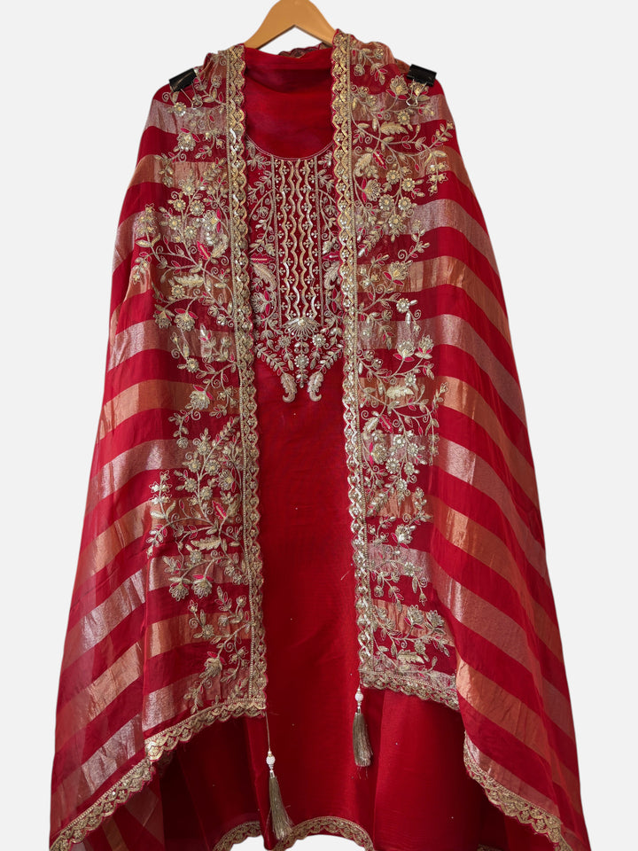 Design by Pakiza red organza silk 3-piece ensemble with intricate dori, sequin, and stone embellishments