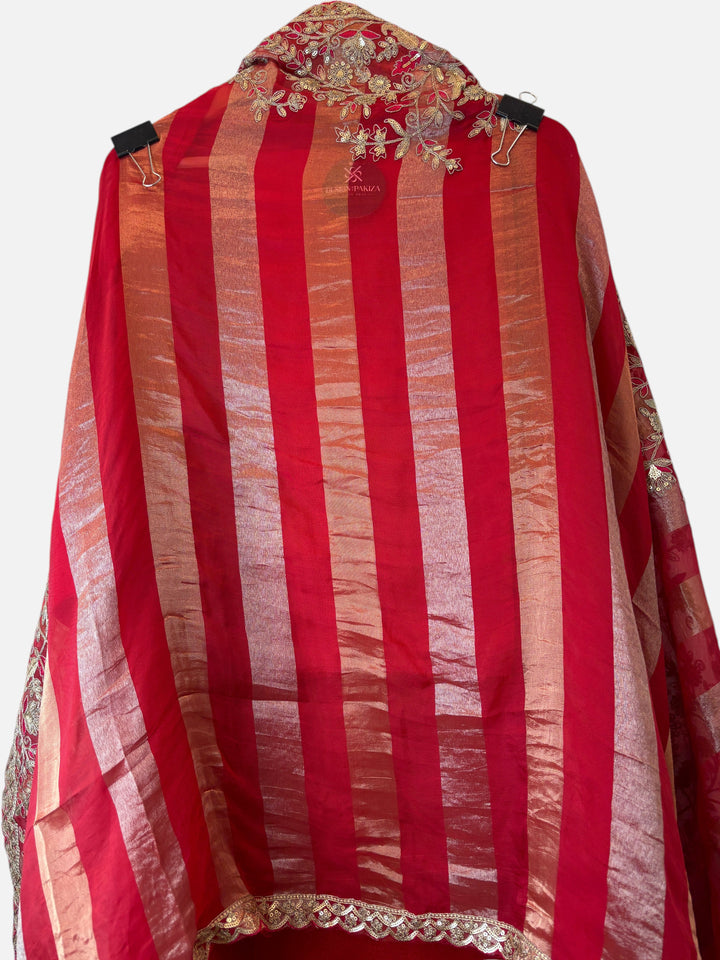 Design by Pakiza red organza silk dupatta with gold striped texture and intricate dori, sequin, and stone border.