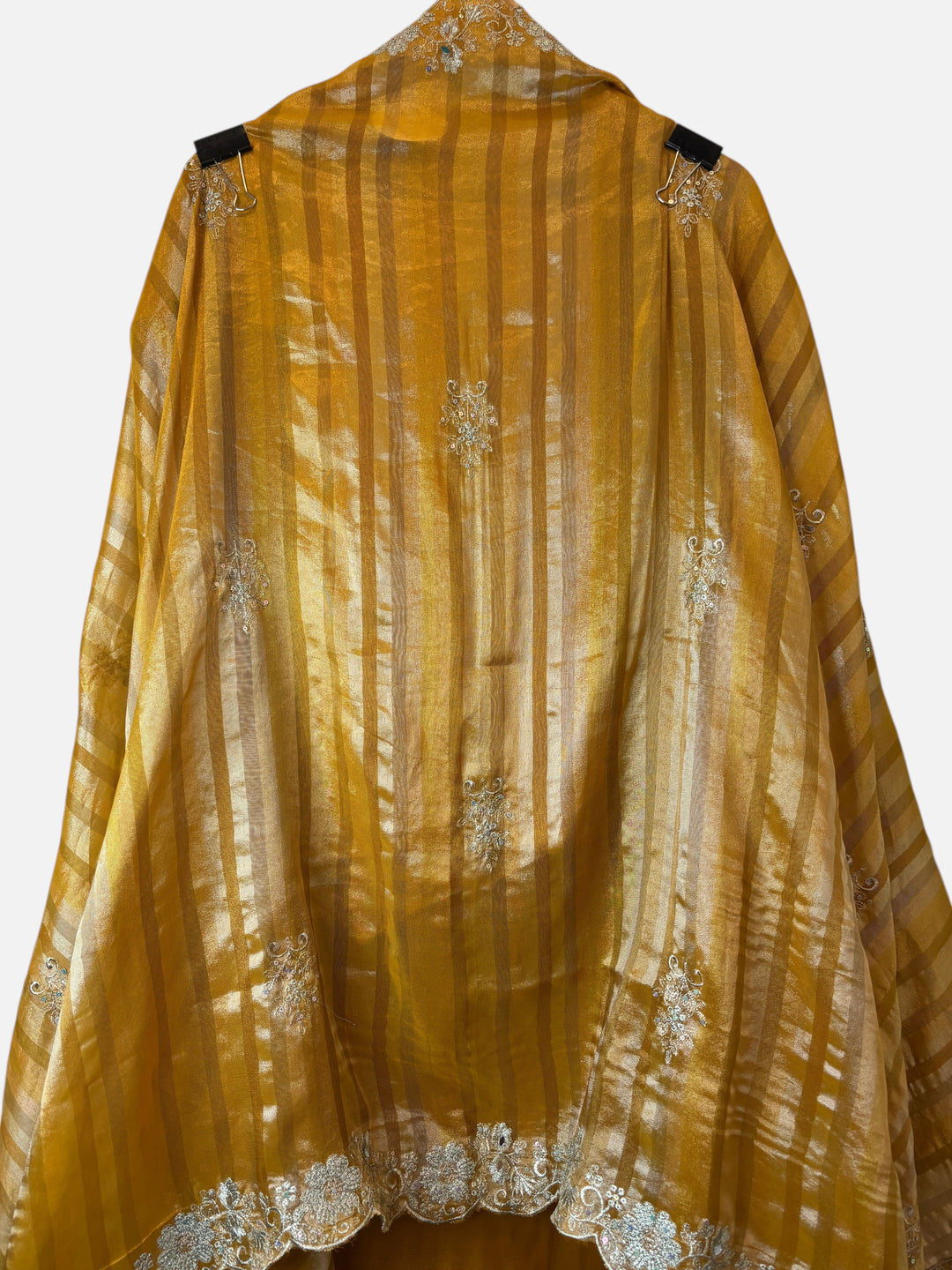 Design by Pakiza mustard glass organza dupatta with intricate zari, pearl, and sequin embroidery and cutwork border