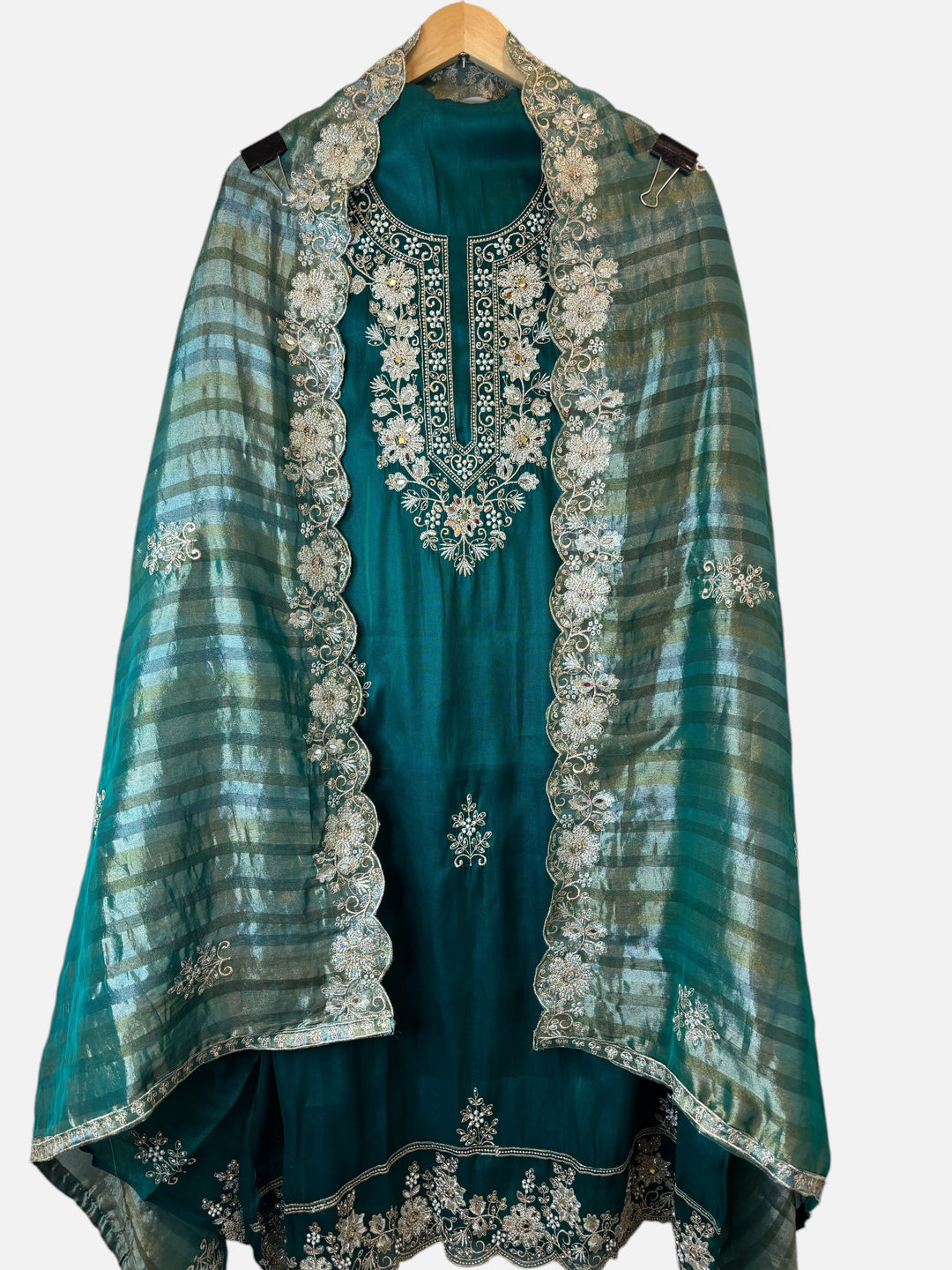 Design by Pakiza emerald green glass organza 3-piece ensemble with intricate zari, pearl, and sequin embellishments.