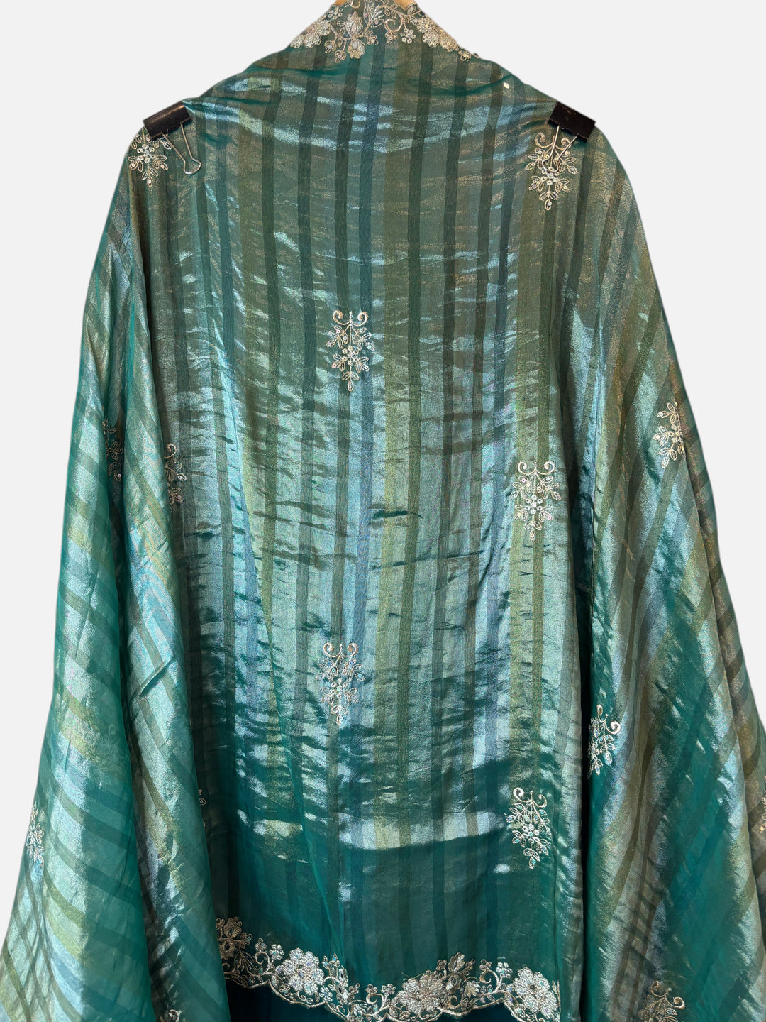 Design by Pakiza green glass organza dupatta with intricate zari, pearl, and sequin embroidery and cutwork detailing