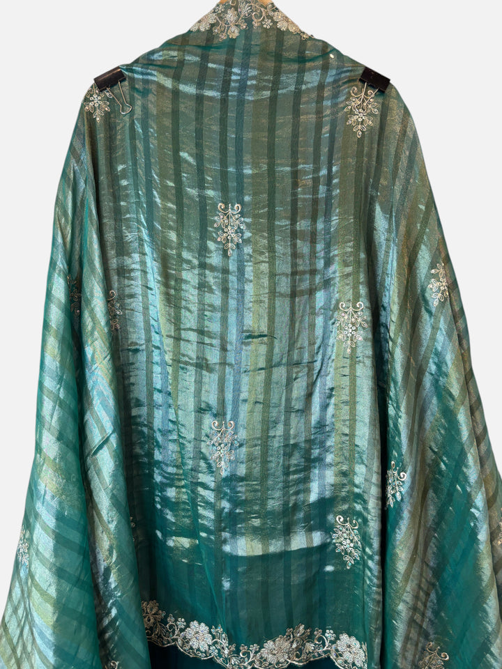 Design by Pakiza green glass organza dupatta with intricate zari, pearl, and sequin embroidery and cutwork detailing