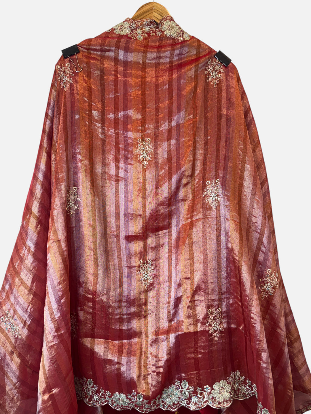 Design by Pakiza Inara glass organza dupatta in deep red with zari stripes, pearl embellishments, and cutwork border