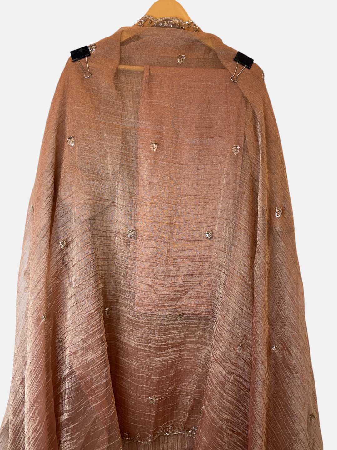 Design by Pakiza bronze crush tissue dupatta with sequin booties and embellished cutwork borders on a hanger
