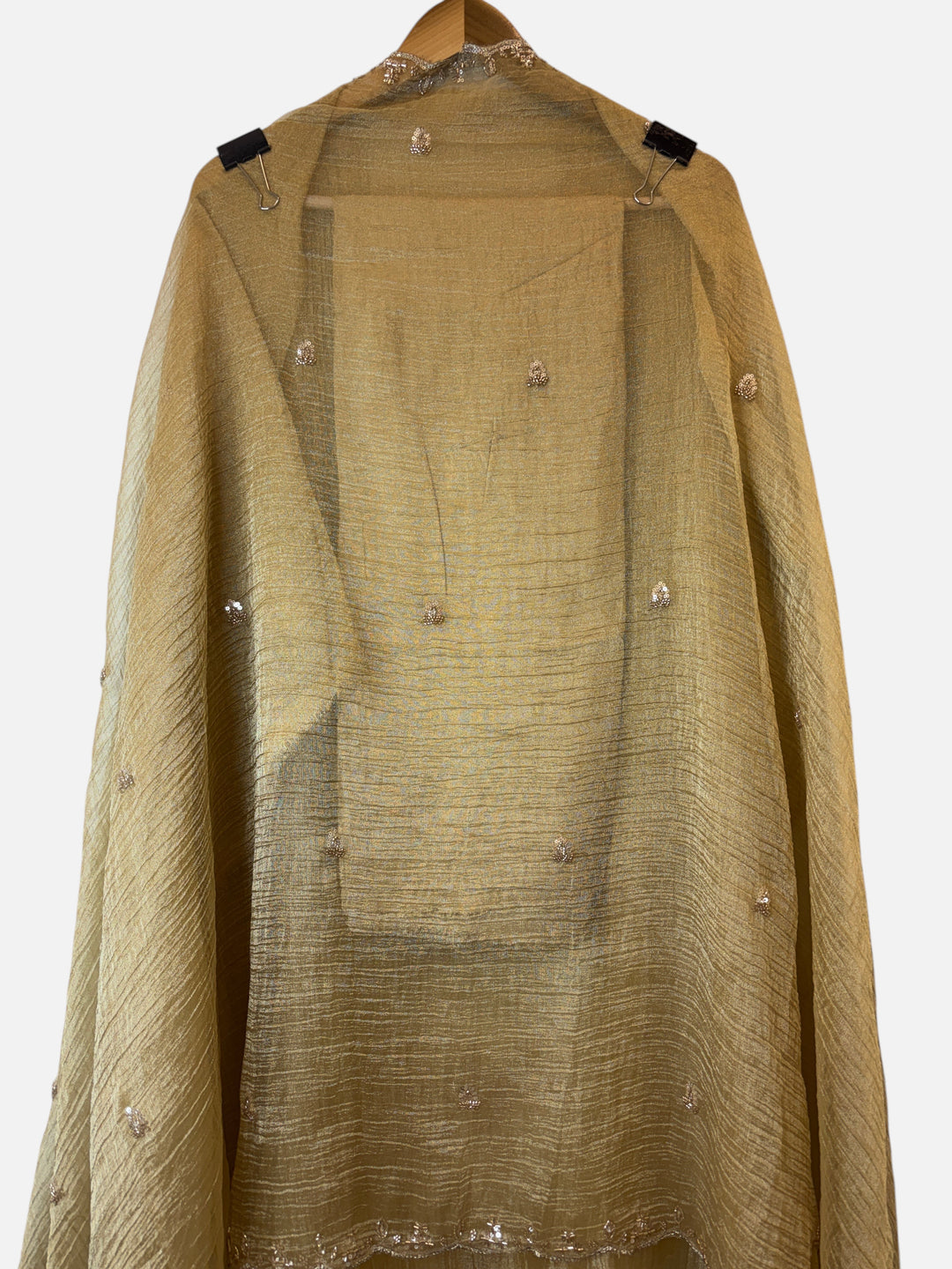 Design by Pakiza gold crush tissue dupatta with delicate sequin booties and embellished cutwork borders