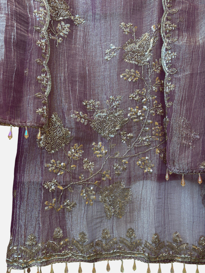 Design by Pakiza purple crush tissue shirt with intricate zari, sequin, and bead floral embroidery and tassel hem