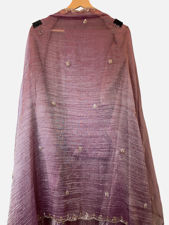 Design by Pakiza mauve crush tissue dupatta with delicate sequin booties and embellished cutwork borders