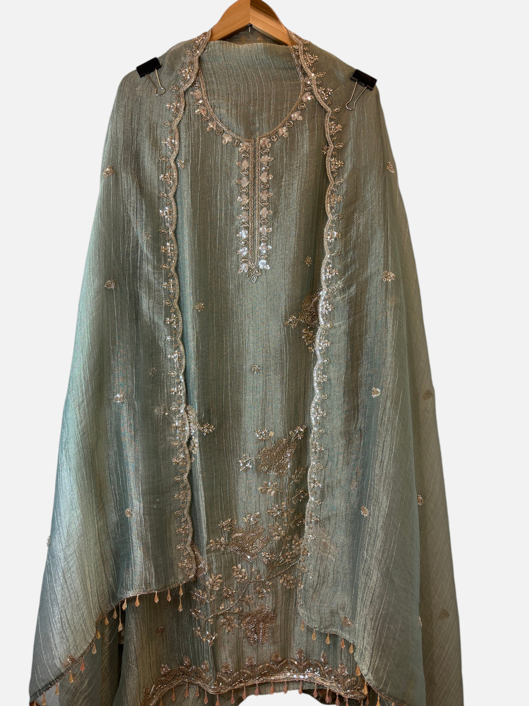 Design by Pakiza sage green crush tissue 3-piece ensemble with intricate zari, sequin, and bead embellishments.