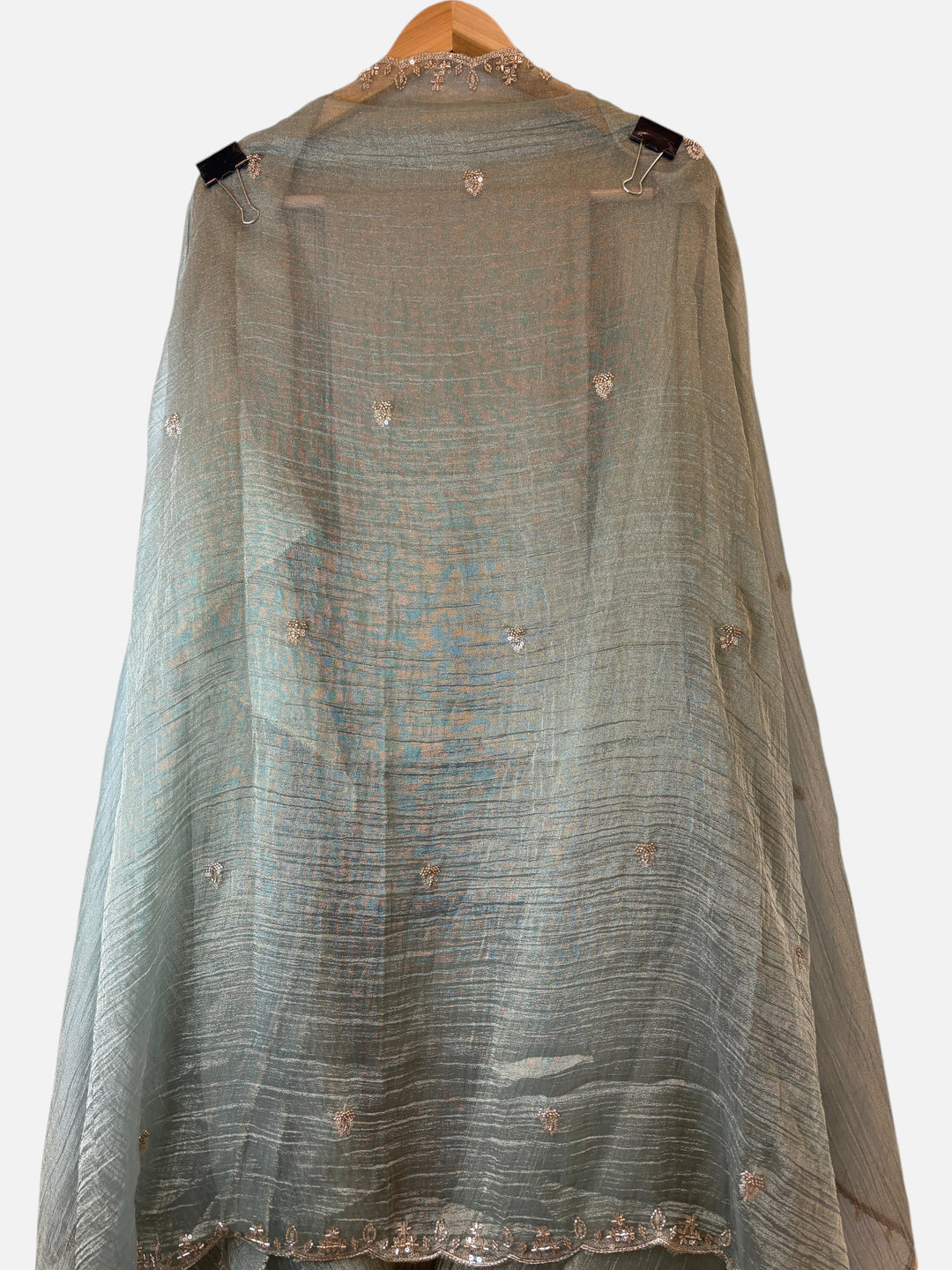 Design by Pakiza crush tissue dupatta with intricate sequin booties, cutwork borders, and elegant tassel detailing.
