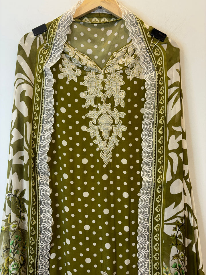 Maiza – Polka Dot Crepe Suit with Printed Dupatta