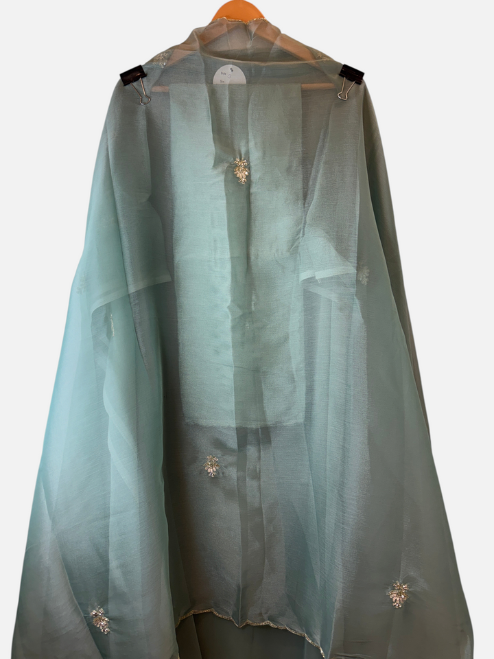 Design by Pakiza Ameera unstitched 3-piece tissue ensemble with intricate zari, pearl, and sequin embellishments.
