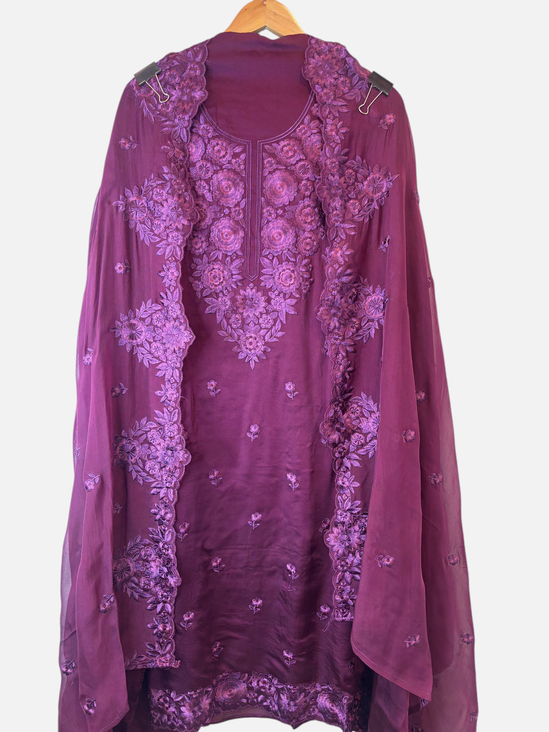 Design by Pakiza purple satin organza 3-piece ensemble featuring intricate tone-on-tone Parsi embroidery