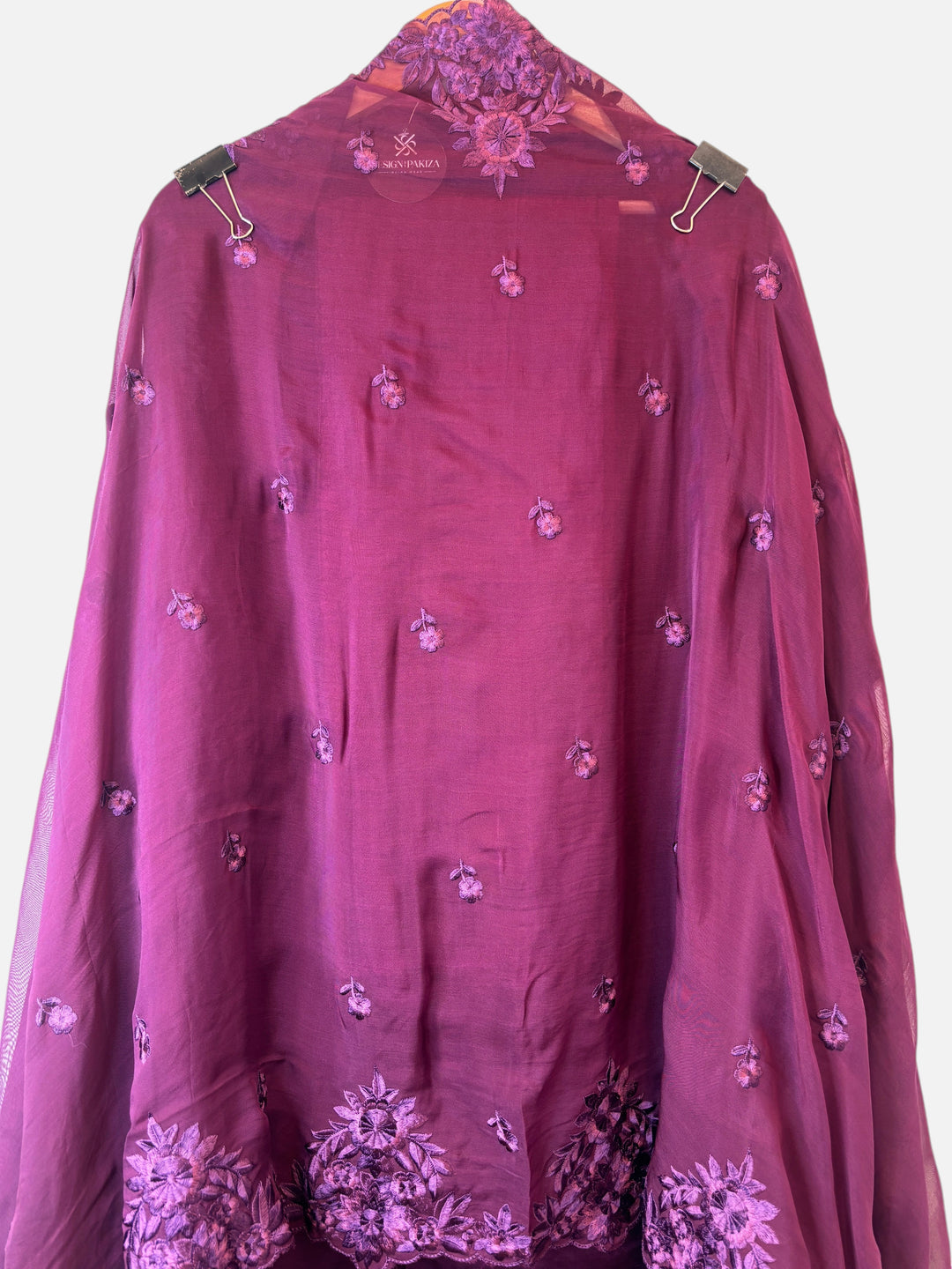 Design by Pakiza deep purple satin organza fabric with intricate tone-on-tone Parsi embroidery and floral motifs