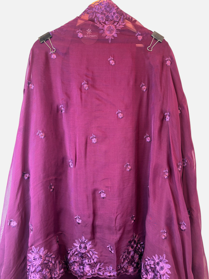 Design by Pakiza deep purple satin organza fabric with intricate tone-on-tone Parsi embroidery and floral motifs