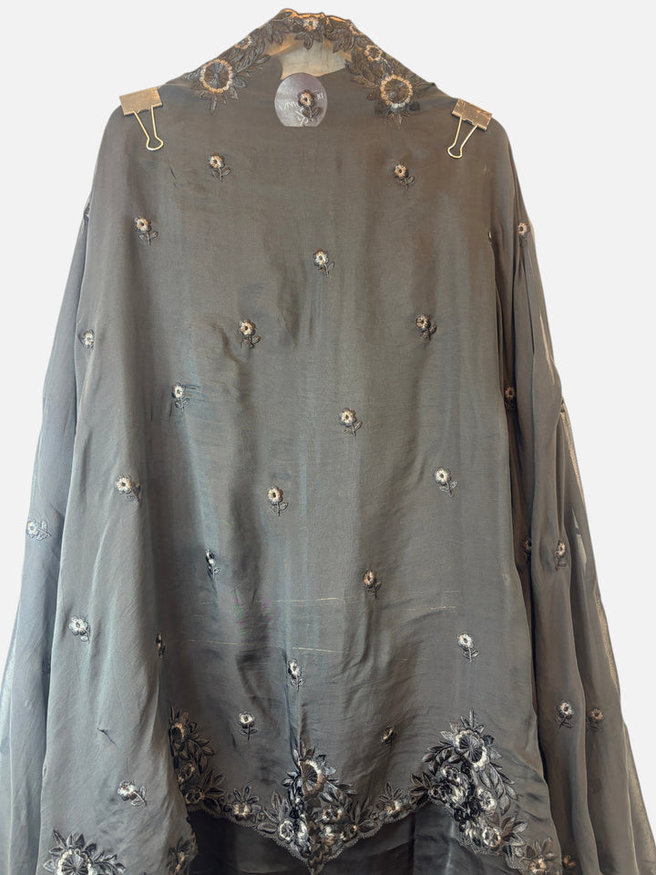 Design by Pakiza grey satin organza dupatta with intricate Parsi floral embroidery and scalloped border detail