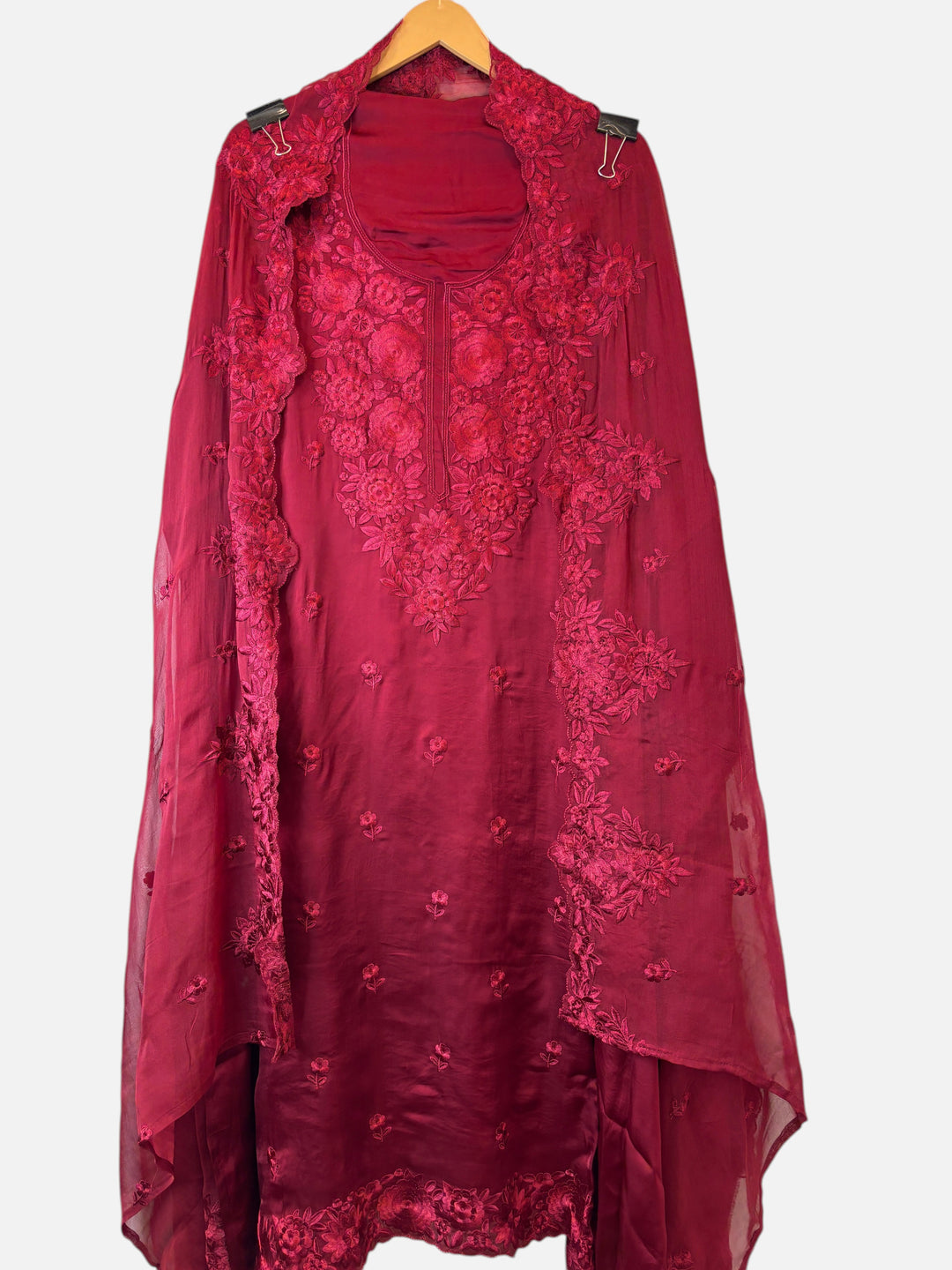 Design by Pakiza deep red satin organza 3-piece unstitched ensemble with intricate tone-on-tone Parsi embroidery.
