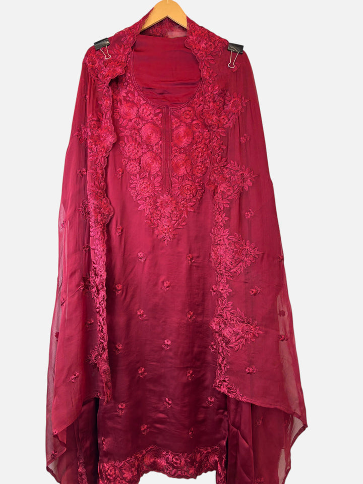 Design by Pakiza deep red satin organza 3-piece unstitched ensemble with intricate tone-on-tone Parsi embroidery.