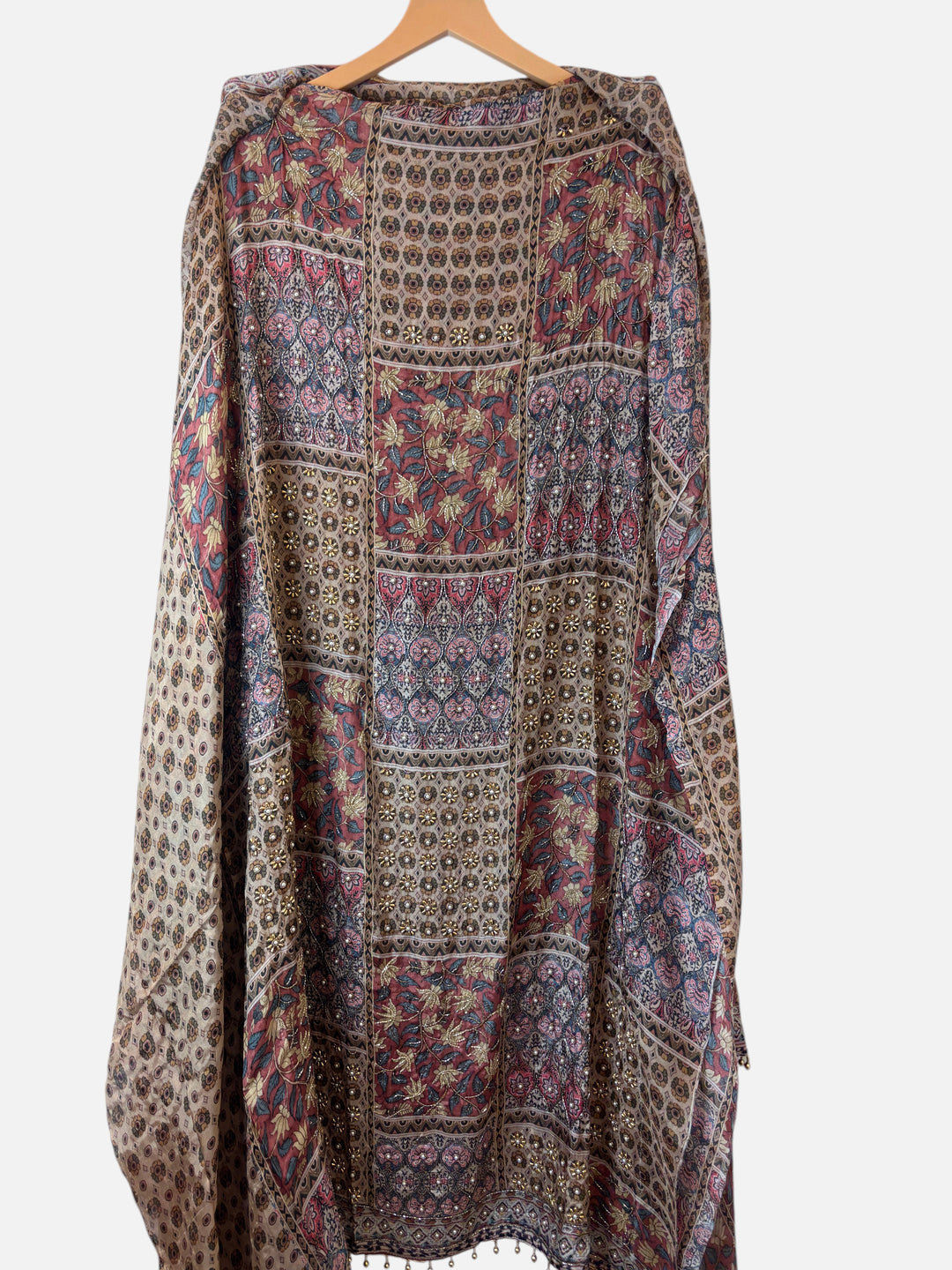 Design by Pakiza Myra digital print shirt with intricate pearl and cutdana beadwork and tassel detailing