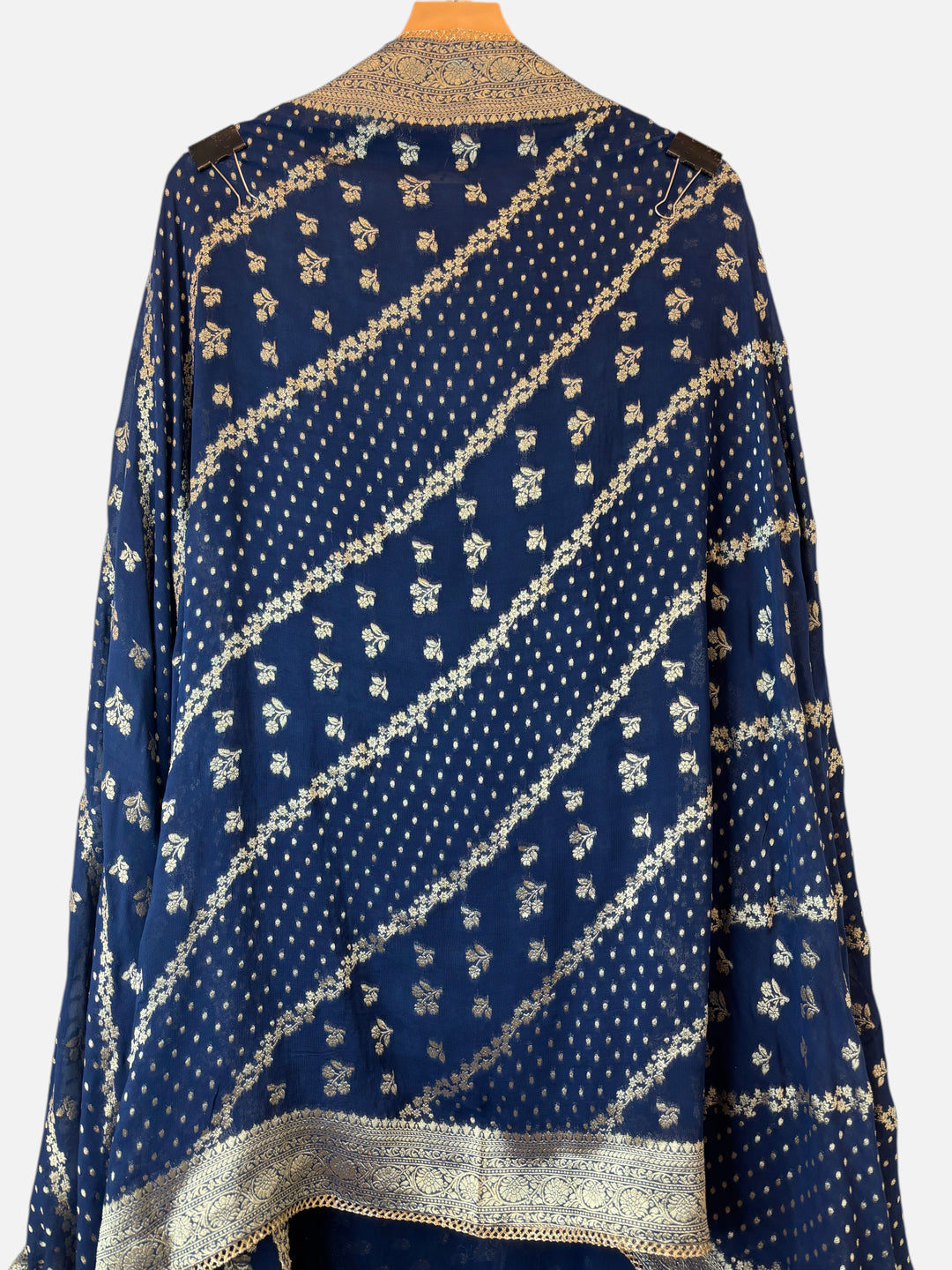 Design by Pakiza blue khadi georgette dupatta with intricate gold Banarasi woven patterns and delicate lace borders.