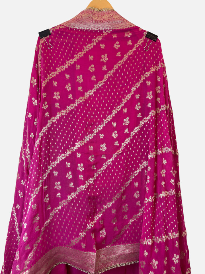 Design by Pakiza pink khadi georgette dupatta with intricate gold Banarasi woven patterns and elegant lace borders.