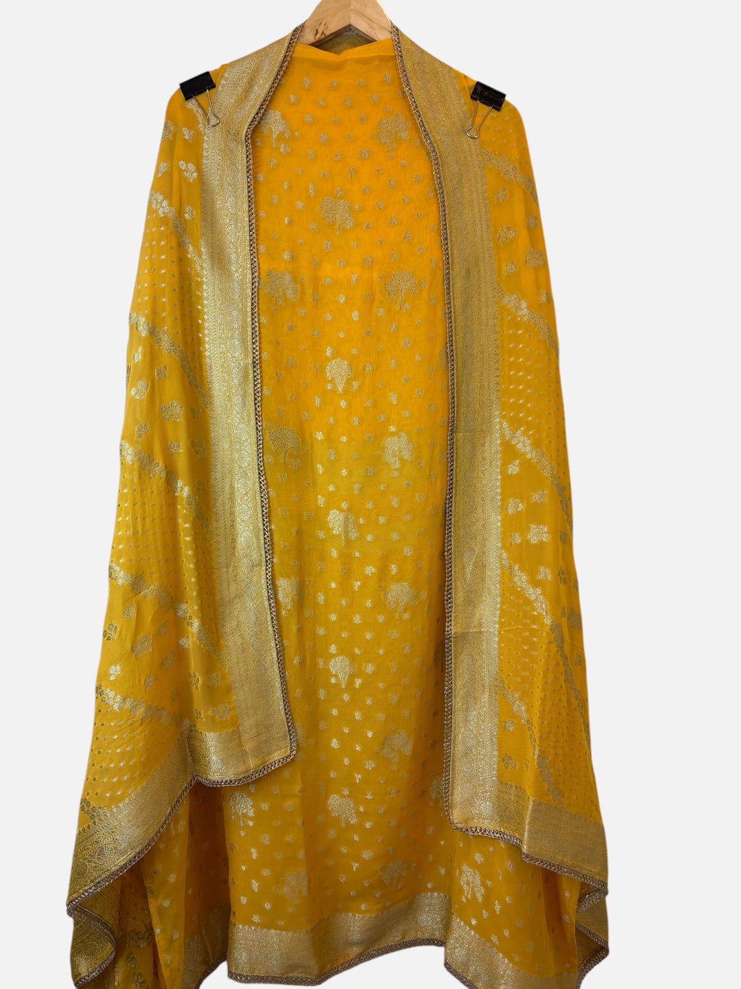 Design by Pakiza yellow khadi georgette Banarasi woven dupatta and fabric set with elegant gold lace detailing