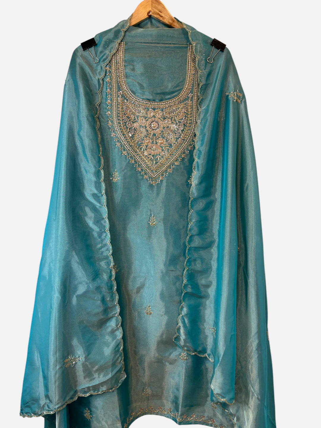 Design by Pakiza turquoise Kanjivaram unstitched 3-piece set with intricate zari, dabka, and cutwork embroidery.