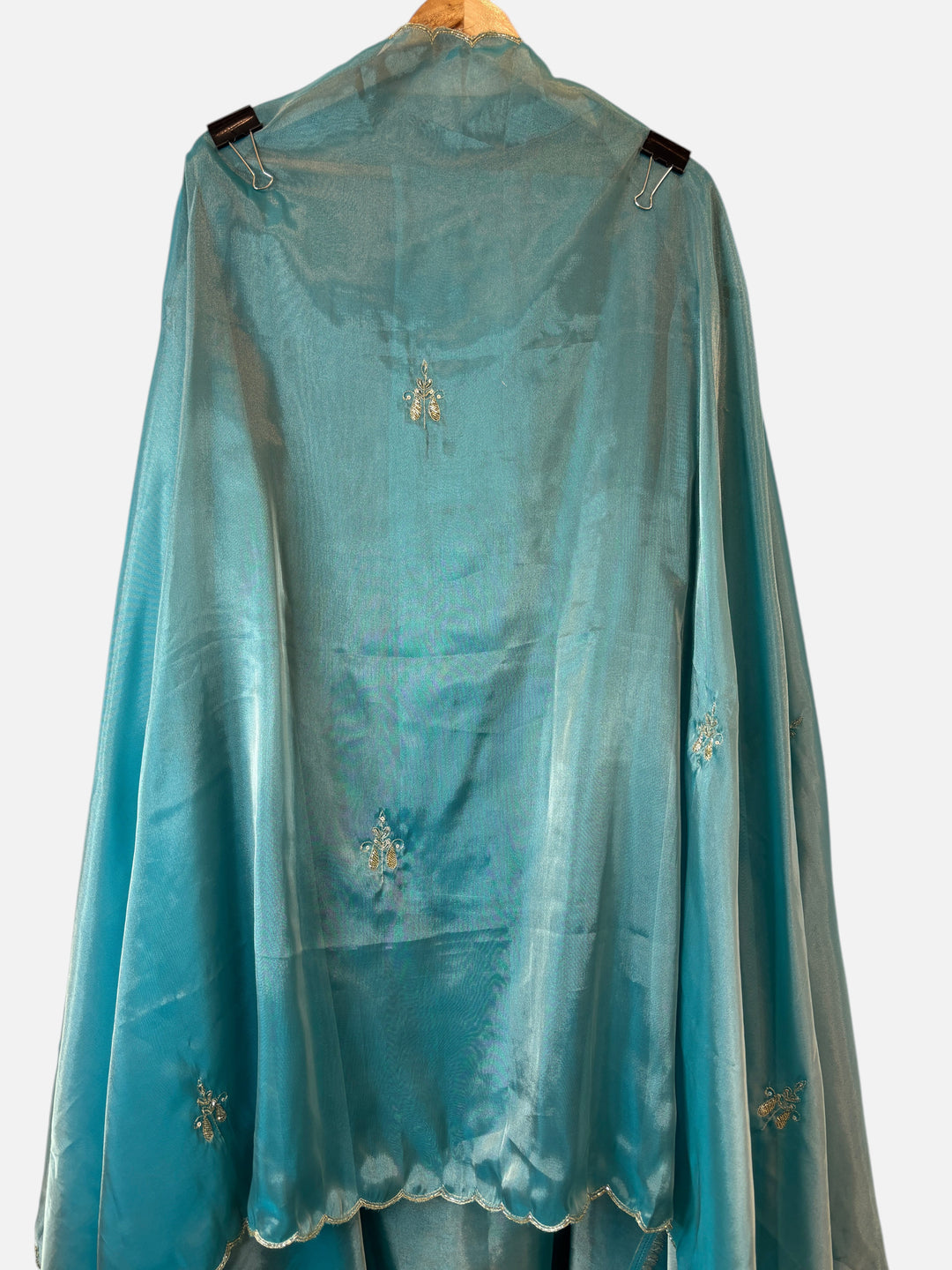 Design by Pakiza teal Kanjivaram dupatta with intricate zari and dabka handwork booties and scalloped cutwork edges