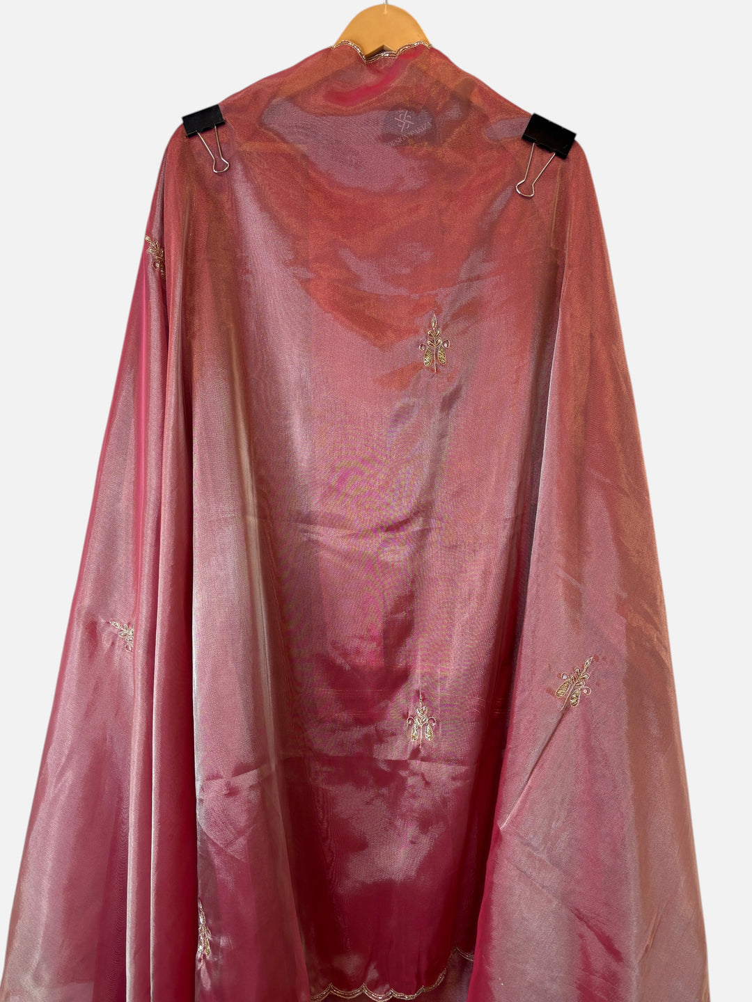 Design by Pakiza Kanjivaram dupatta in deep pink with delicate zari and dabka hand-embroidered booties and scalloped edge