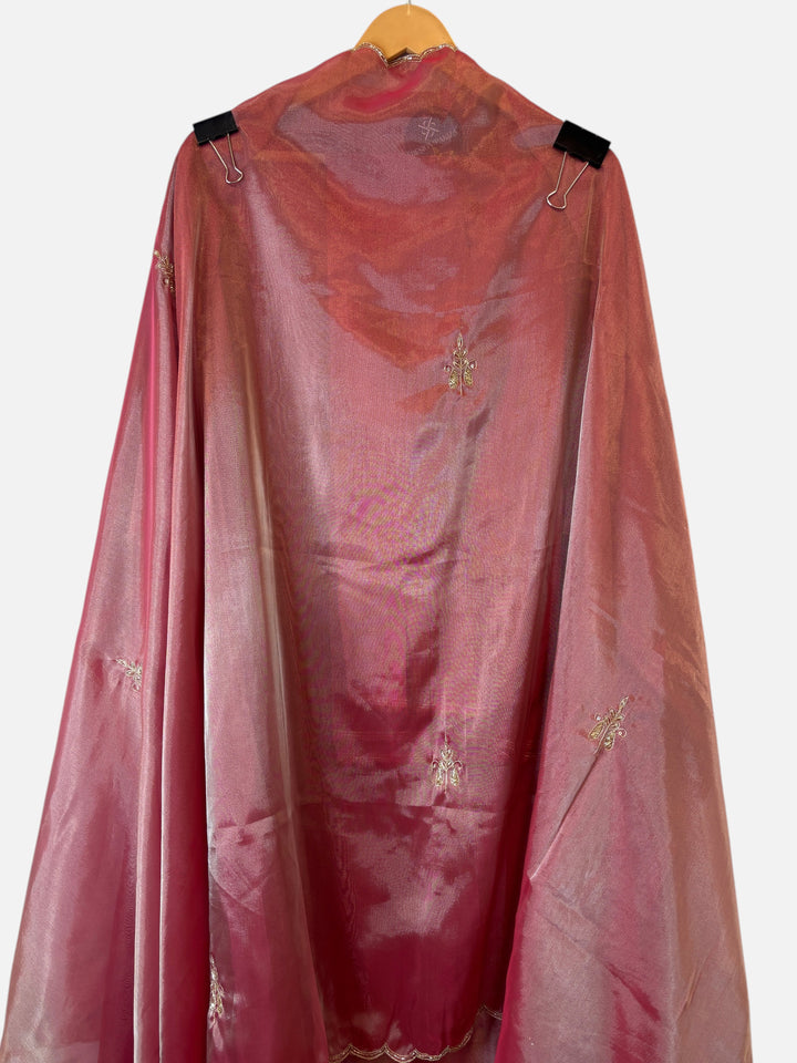 Design by Pakiza Kanjivaram dupatta in deep pink with delicate zari and dabka hand-embroidered booties and scalloped edge