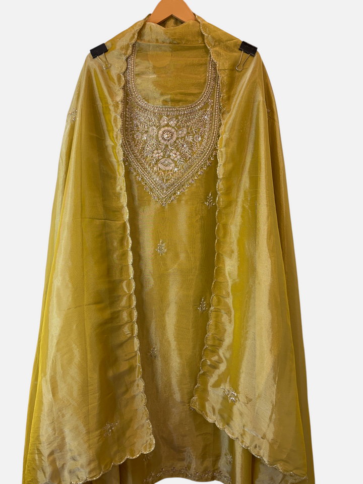 Design by Pakiza mustard Kanjivaram unstitched 3-piece set with intricate zari, dabka, and cutwork embroidery