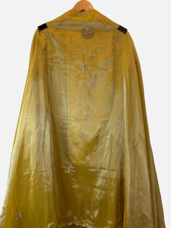 Design by Pakiza mustard Kanjivaram dupatta with delicate hand-embroidered booties and scalloped cutwork edges