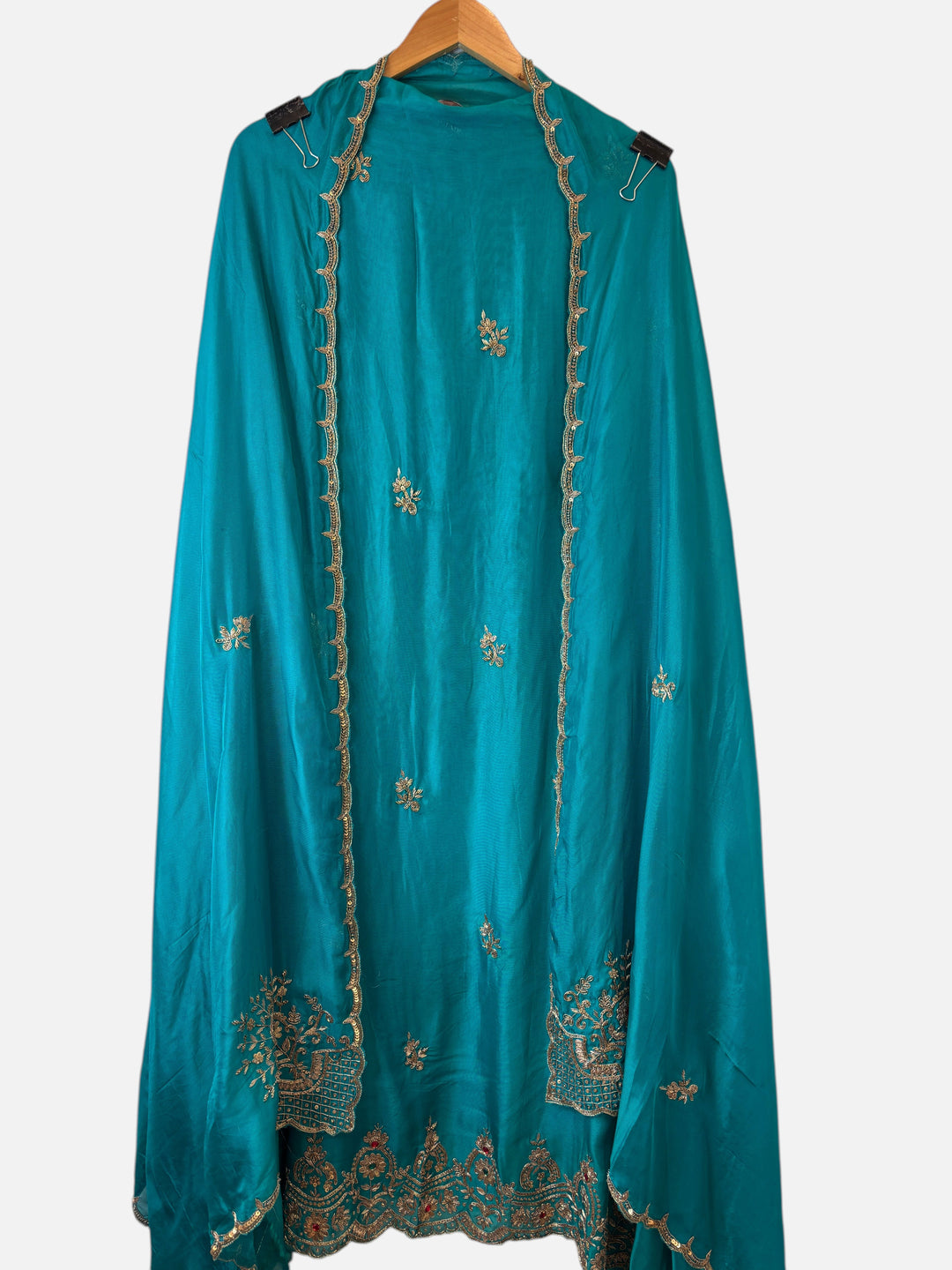 Design by Pakiza teal silk organza dupatta with intricate gold zardozi, dabka, and sequin embroidery borders.