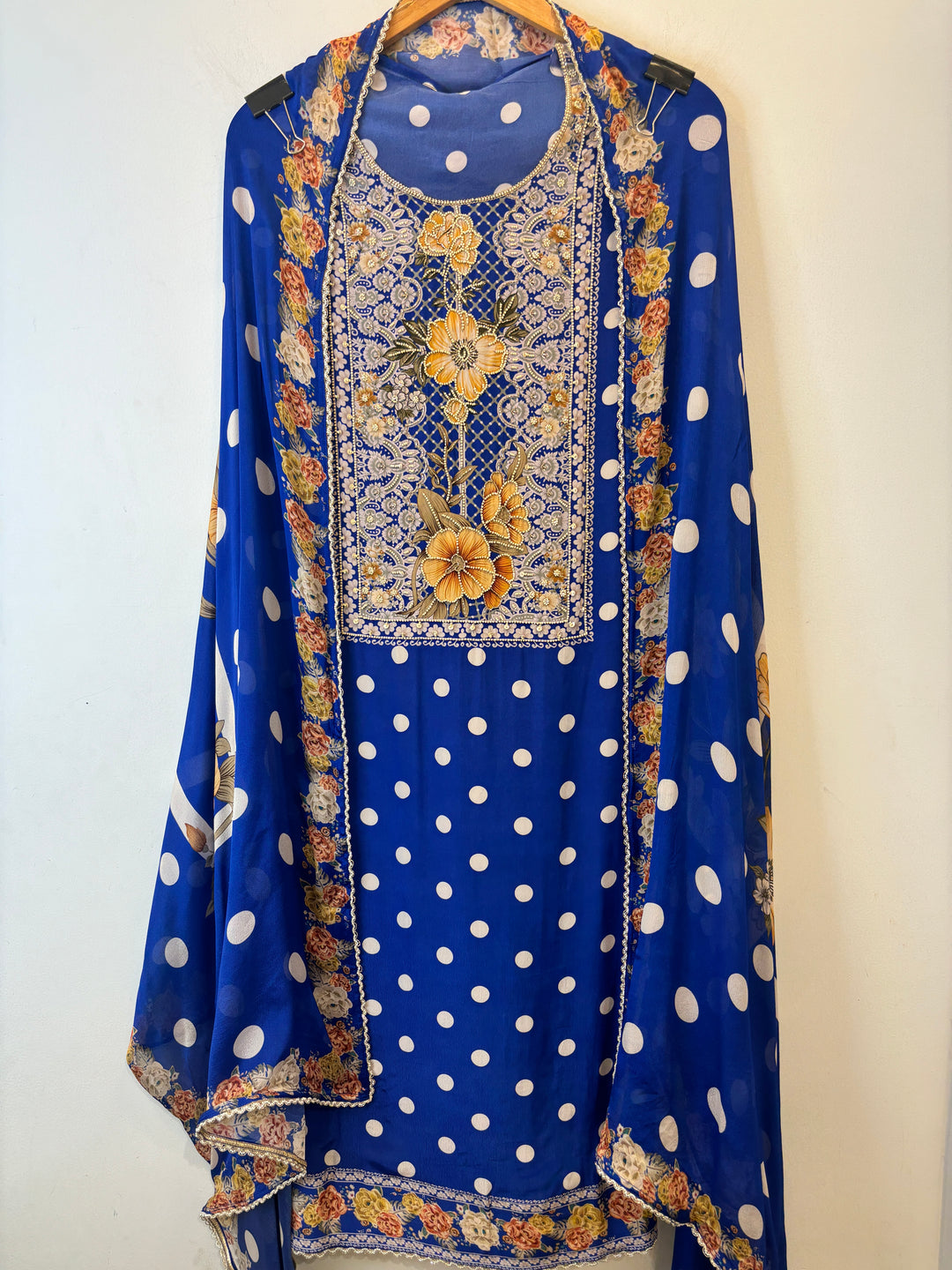 Kira – Polka Dot Crepe Suit with Handworked Neckline