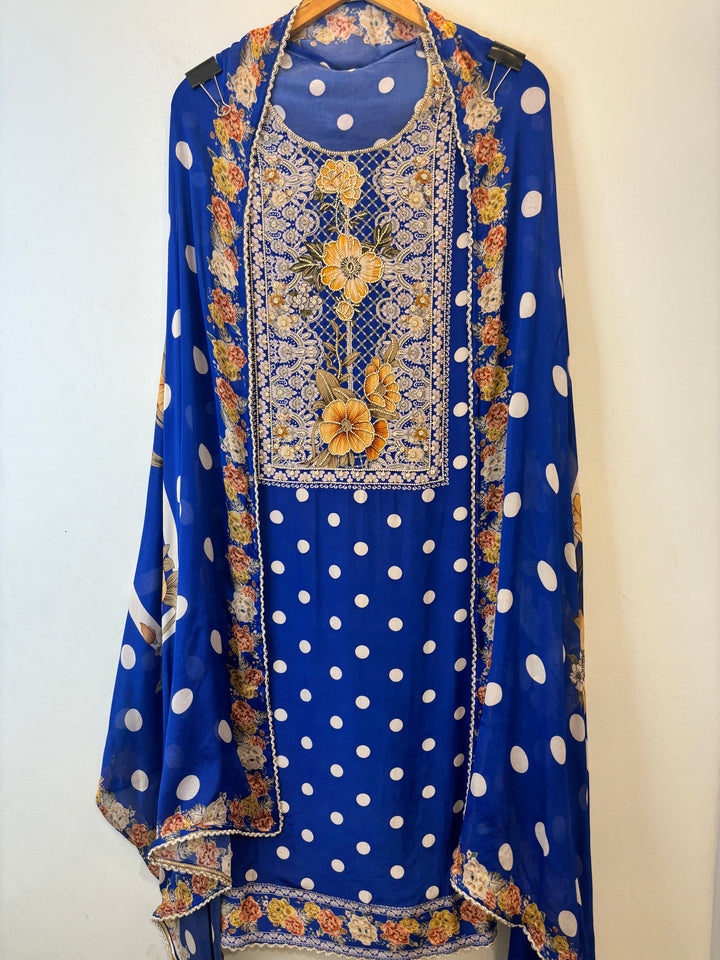 Kira – Polka Dot Crepe Suit with Handworked Neckline